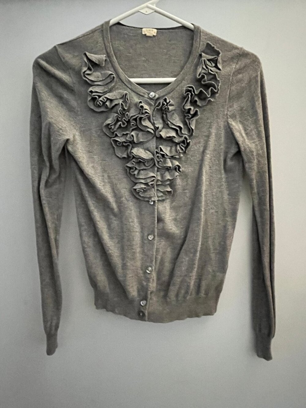 J. Crew xs Gray Cotton Cardigan with Ruffled Front